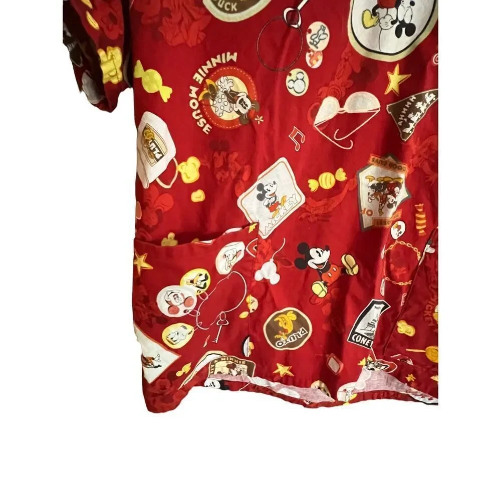 Disney Mickey & Minnie Mouse Scrub Top Medium V-Neck Red Short‎ Sleeve Graphic - Picture 3 of 6